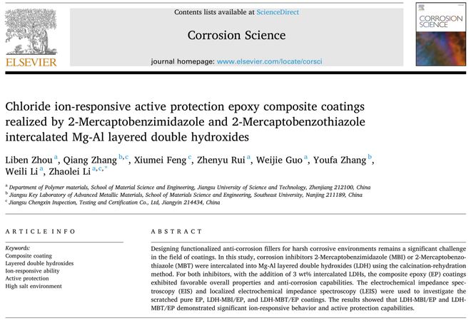江苏科技大学腐蚀顶刊：氯离子响应性主动防护环氧复合涂层(图2)